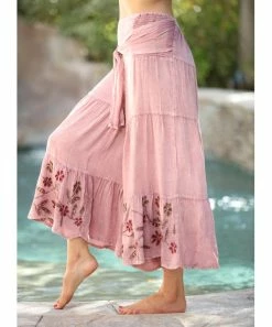 Ananda's Collection | Pink Embroidered Floral Tiered Palazzo Pants - Women -Ananda's Collection Shop zu103616745 alt 2 tm1645815218