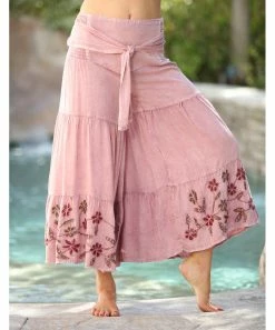 Ananda's Collection | Pink Embroidered Floral Tiered Palazzo Pants - Women -Ananda's Collection Shop zu103616745 alt 3 tm1645815218