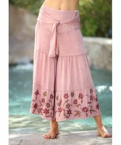 Ananda's Collection | Pink Embroidered Floral Tiered Palazzo Pants - Women -Ananda's Collection Shop zu103616745 alt 4 tm1645815218