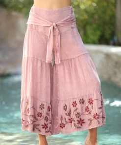 Ananda's Collection | Pink Embroidered Floral Tiered Palazzo Pants - Women