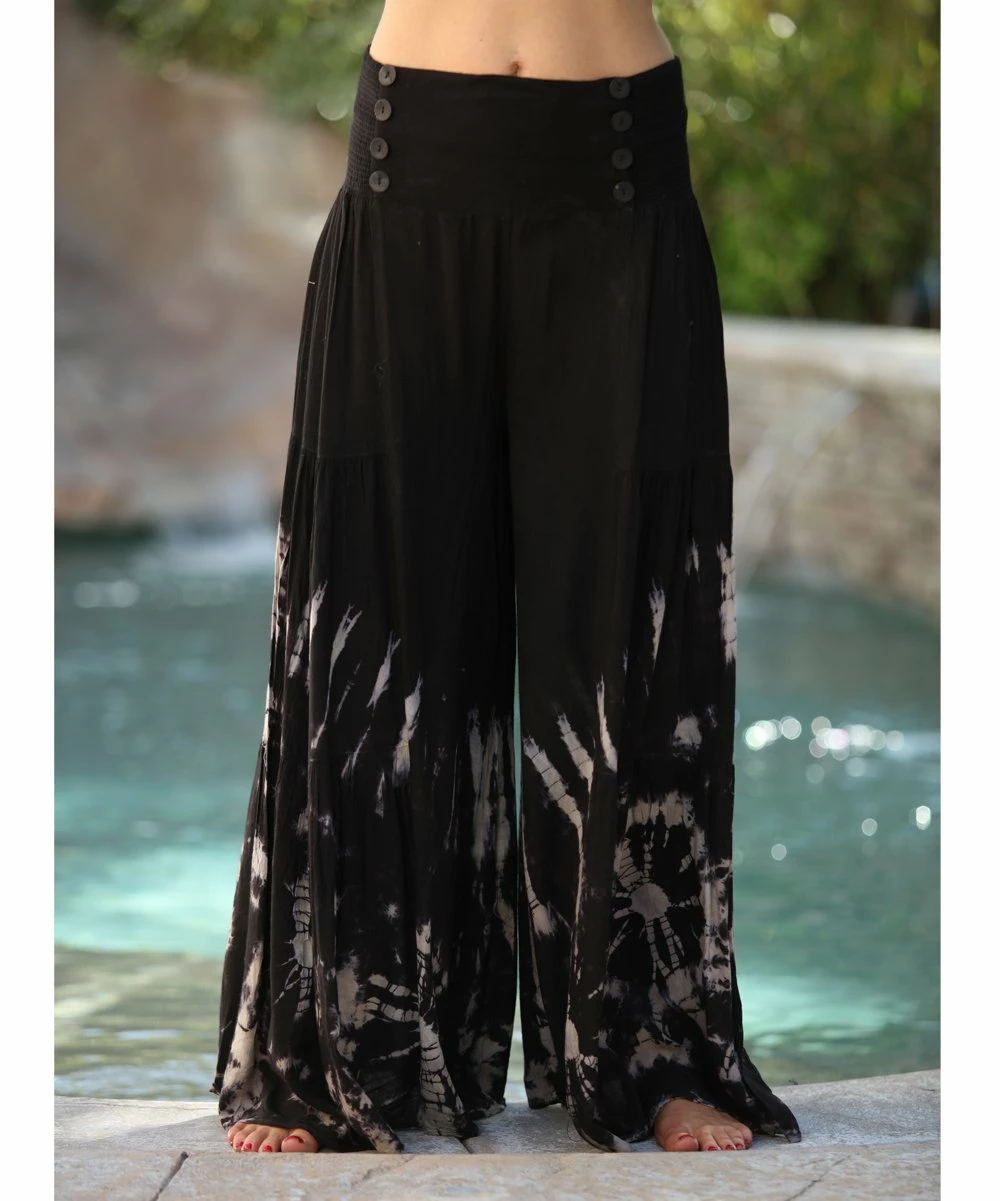 Ananda's Collection | Black & Beige Abstract Button-Accent Wide-Leg Palazzo Pants - Women 7 Ananda's Collection | Black & Beige Abstract Button-Accent Wide-Leg Palazzo Pants - Women - Image 5