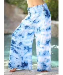Ananda's Collection | Turquoise Tie-Dye Button-Accent Wide-Leg Palazzo Pants - Women -Ananda's Collection Shop zu103627019 alt 1 tm1645815218