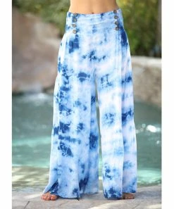 Ananda's Collection | Turquoise Tie-Dye Button-Accent Wide-Leg Palazzo Pants - Women -Ananda's Collection Shop zu103627019 alt 2 tm1645815218