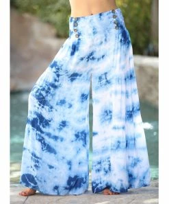 Ananda's Collection | Turquoise Tie-Dye Button-Accent Wide-Leg Palazzo Pants - Women -Ananda's Collection Shop zu103627019 alt 3 tm1645815218