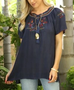 Ananda's Collection | Navy Embroidered Short-Sleeve Tassel Tunic - Women & Plus -Ananda's Collection Shop zu103797141 alt 3 tm1646400828