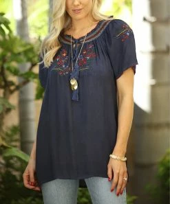 Ananda's Collection | Navy Embroidered Short-Sleeve Tassel Tunic - Women & Plus