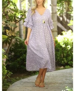 Ananda's Collection | Purple Floral Ruffle-Sleeve Midi Dress - Women -Ananda's Collection Shop zu103798452 alt 1 tm1646326101