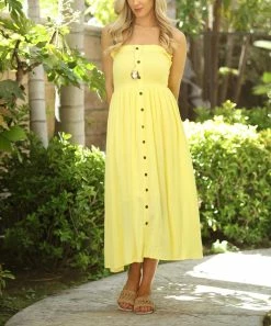 Ananda's Collection | Yellow Button-Up Smocked Sleeveless Midi Dress - Women -Ananda's Collection Shop zu103804506 alt 3 tm1646326101