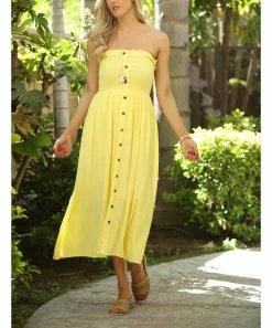 Ananda's Collection | Yellow Button-Up Smocked Sleeveless Midi Dress - Women -Ananda's Collection Shop zu103804506 alt 4 tm1646326101