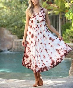 Ananda's Collection | Brown & White Tie-Dye Embroidered Sleeveless Shift Dress - Women