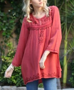 Ananda's Collection | Rust Embroidered Button-Accent Long-Sleeve Tunic - Women & Plus -Ananda's Collection Shop zu105990446 alt 3 tm1653402882