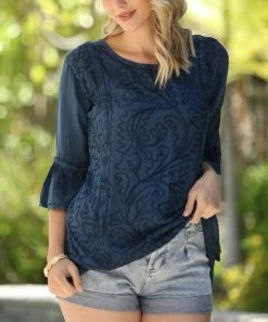 Ananda's Collection | Denim Embroidered Three-Quarter Sleeve Tunic - Women -Ananda's Collection Shop zu106022673 alt 1 tm1653420686