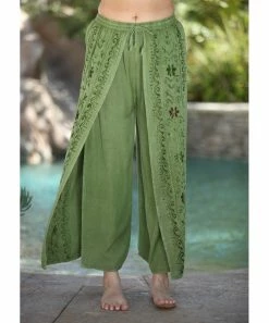 Ananda's Collection | Green Embroidered Split Elastic-Waist Pants - Women -Ananda's Collection Shop zu106024125 alt 2 tm1653402882