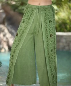 Ananda's Collection | Green Embroidered Split Elastic-Waist Pants - Women