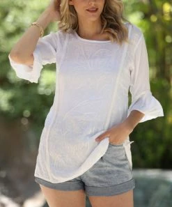 Ananda's Collection | White Floral Embroidered Bell-Sleeve Tunic - Women