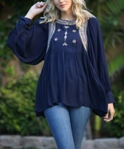 Ananda's Collection | Navy & Beige Embroidered-Accent Bishop-Sleeve Tunic - Women