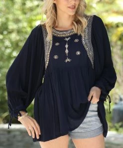 Ananda's Collection | Navy & Beige Embroidered-Accent Bishop-Sleeve Tunic - Women -Ananda's Collection Shop zu106798174 alt 4 tm1655822803