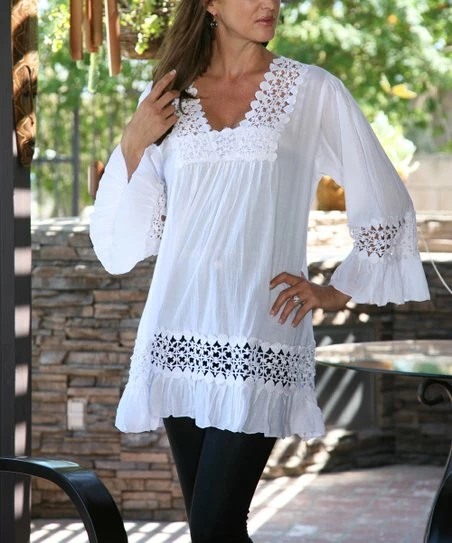 Ananda's Collection | White Semisheer Lace-Inlay Square Neck Tunic - Women 3 Ananda's Collection | White Semisheer Lace-Inlay Square Neck Tunic - Women