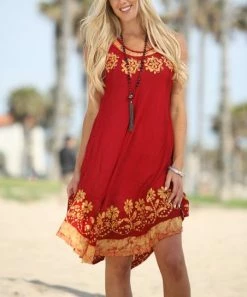 Ananda's Collection | Burgundy & Gold Embroidered Sleeveless Shift Dress - Women