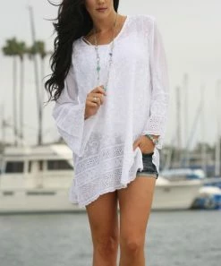 Ananda's Collection | White Sheer Embroidered V-Neck Tunic - Women