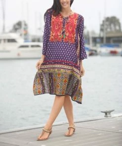 Ananda's Collection | Blue & Red Patchwork Long-Sleeve Shift Dress - Women