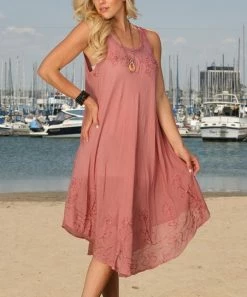 Ananda's Collection | Light Brown Embroidered Floral Semi-Sheer Shift Dress - Women