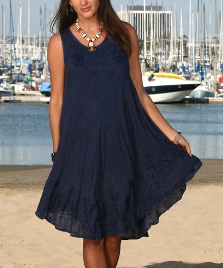 Ananda's Collection | Denim Blue Embroidered Floral Semi-Sheer Shift Dress - Women 3 Ananda's Collection | Denim Blue Embroidered Floral Semi-Sheer Shift Dress - Women