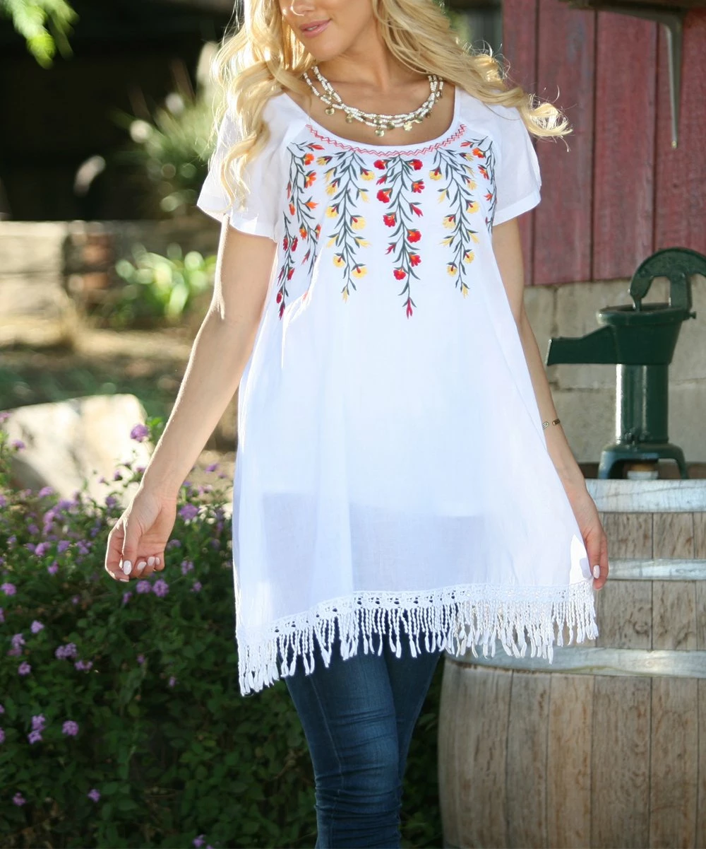 Ananda's Collection | White Floral Tassel Hem Tunic - Women 5 Ananda's Collection | White Floral Tassel Hem Tunic - Women - Image 3