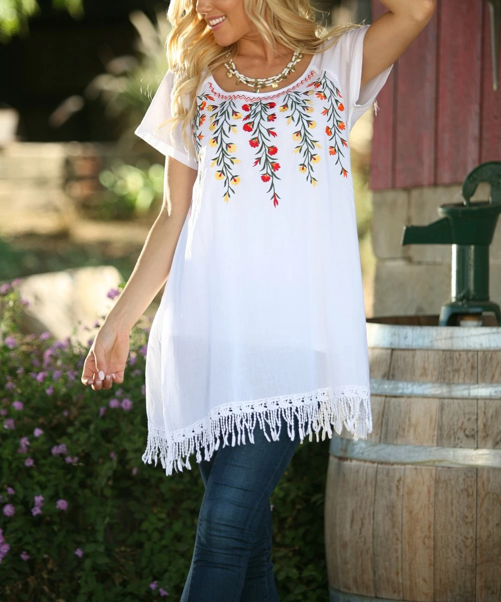 Ananda's Collection | White Floral Tassel Hem Tunic - Women 6 Ananda's Collection | White Floral Tassel Hem Tunic - Women - Image 4