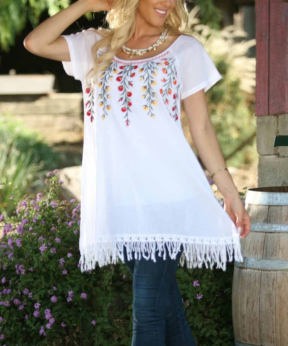 Ananda's Collection | White Floral Tassel Hem Tunic - Women 7 Ananda's Collection | White Floral Tassel Hem Tunic - Women - Image 5
