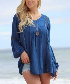 Ananda's Collection | Denim Blue Crochet-Inlay Pleated Swing Tunic - Women -Ananda's Collection Shop zu47373879 alt 2 tm1492622815