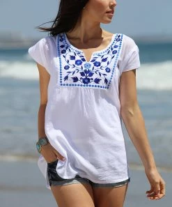 Ananda's Collection | White & Blue Semi-Sheer Floral Embroidered Tunic - Women & Plus