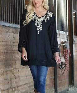 Ananda's Collection | Black & Gold Embroidery Bell-Sleeve Semi-Sheer V-Neck Tunic - Women & Plus