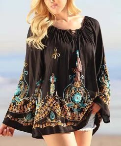 Ananda's Collection | Black Embroidered Tassel-Tie Tunic - Women -Ananda's Collection Shop zu55604966 alt 2 tm1519852561