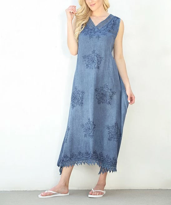 Ananda's Collection | Denim Blue Floral-Accent V-Neck Maxi Dress - Women 4 Ananda's Collection | Denim Blue Floral-Accent V-Neck Maxi Dress - Women - Image 2