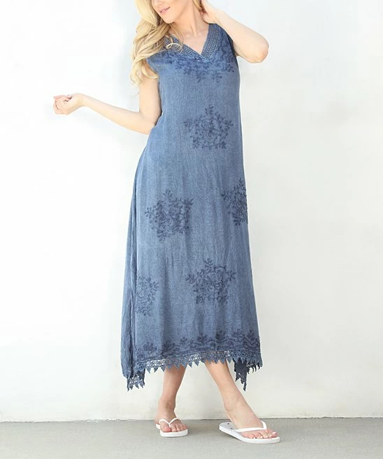 Ananda's Collection | Denim Blue Floral-Accent V-Neck Maxi Dress - Women 6 Ananda's Collection | Denim Blue Floral-Accent V-Neck Maxi Dress - Women - Image 4
