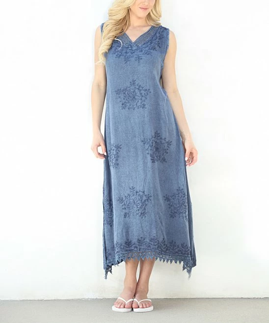 Ananda's Collection | Denim Blue Floral-Accent V-Neck Maxi Dress - Women 3 Ananda's Collection | Denim Blue Floral-Accent V-Neck Maxi Dress - Women