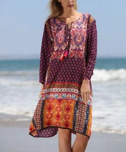 Ananda's Collection | Beige & Black Patchwork Long-Sleeve Shift Dress - Women