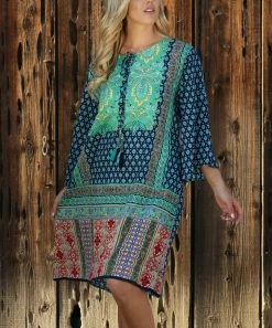 Ananda's Collection | Navy & Green Arabesque Tie-Neck Shift Dress - Women