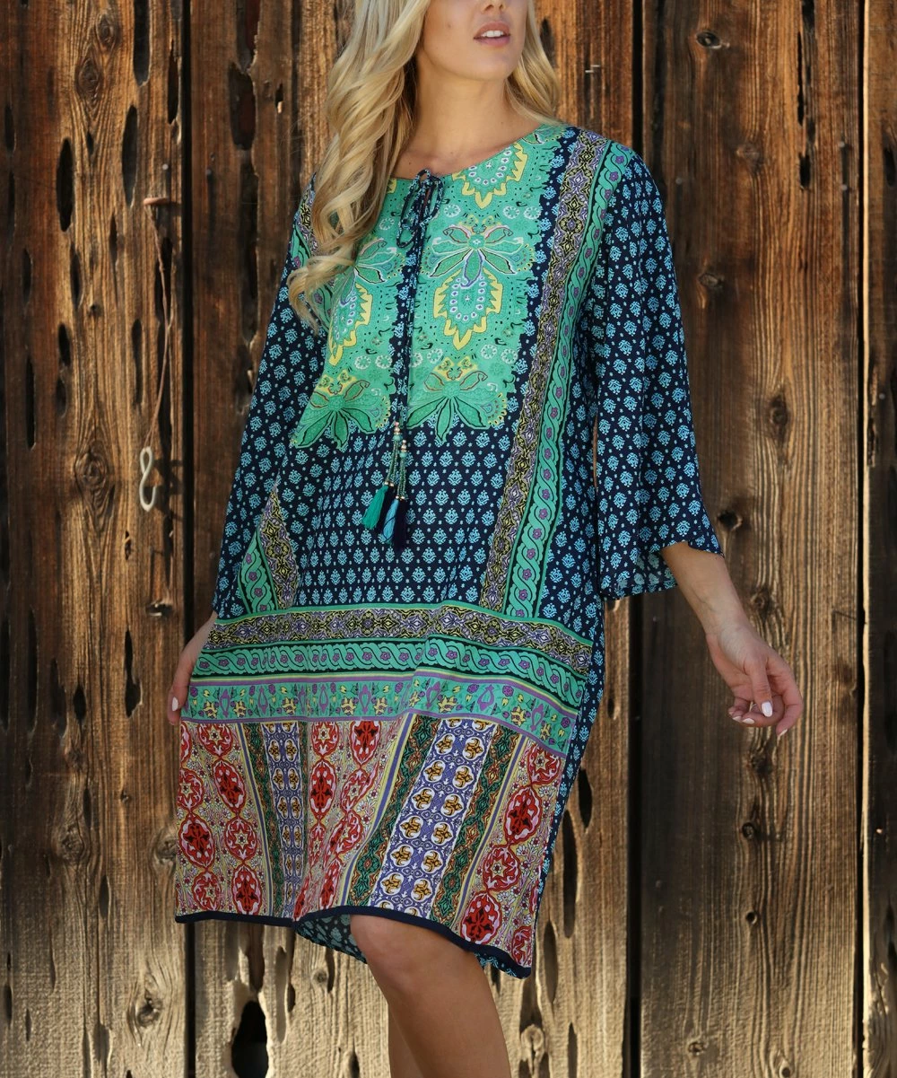Ananda's Collection | Navy & Green Arabesque Tie-Neck Shift Dress - Women 3 Ananda's Collection | Navy & Green Arabesque Tie-Neck Shift Dress - Women