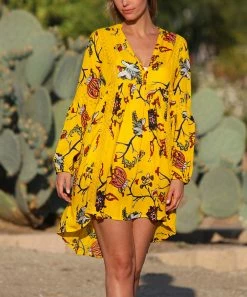 Ananda's Collection | Yellow & Red Floral Lace-Detail Hi-Low Dress - Women