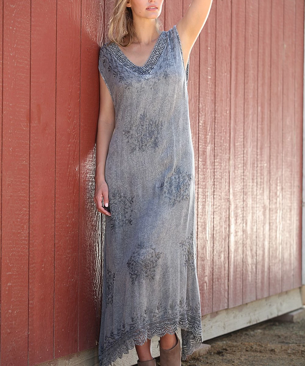 Ananda's Collection | Gray Embroidered Maxi Dress - Women 6 Ananda's Collection | Gray Embroidered Maxi Dress - Women - Image 4