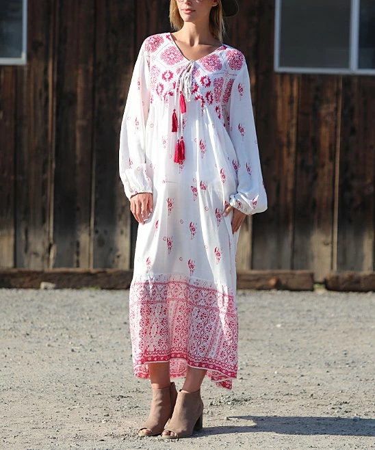 Ananda's Collection | White & Red Scarf Print Tassel-Tie Semi-Sheer Peasant Dress - Women 6 Ananda's Collection | White & Red Scarf Print Tassel-Tie Semi-Sheer Peasant Dress - Women - Image 4