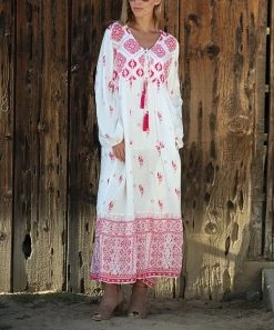 Ananda's Collection | White & Red Scarf Print Tassel-Tie Semi-Sheer Peasant Dress - Women