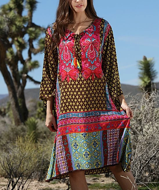 Ananda's Collection | Brown & Pink Patchwork Long-Sleeve Shift Dress - Women 4 Ananda's Collection | Brown & Pink Patchwork Long-Sleeve Shift Dress - Women - Image 2