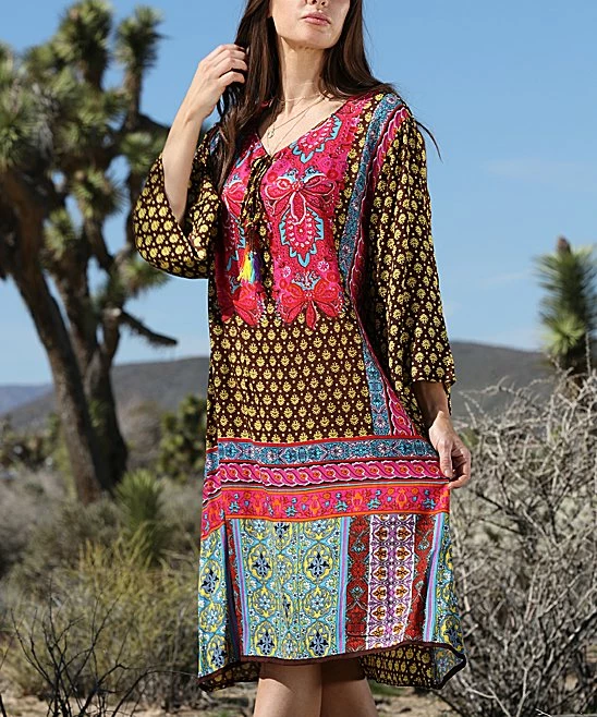 Ananda's Collection | Brown & Pink Patchwork Long-Sleeve Shift Dress - Women 3 Ananda's Collection | Brown & Pink Patchwork Long-Sleeve Shift Dress - Women