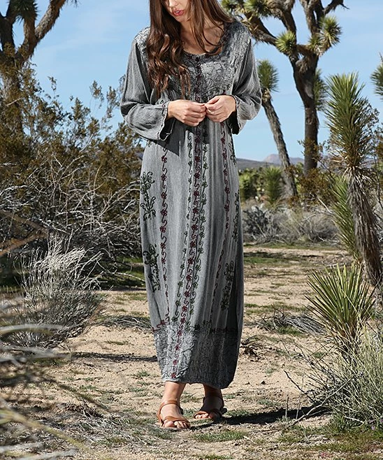 Ananda's Collection | Gray Embroidered Back-Tie Long-Sleeve Maxi Dress - Women 4 Ananda's Collection | Gray Embroidered Back-Tie Long-Sleeve Maxi Dress - Women - Image 2