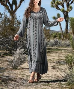Ananda's Collection | Gray Embroidered Back-Tie Long-Sleeve Maxi Dress - Women
