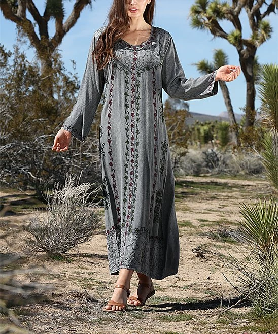 Ananda's Collection | Gray Embroidered Back-Tie Long-Sleeve Maxi Dress - Women 3 Ananda's Collection | Gray Embroidered Back-Tie Long-Sleeve Maxi Dress - Women