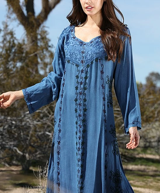 Ananda's Collection | Navy Embroidered Back-Tie Long-Sleeve Maxi Dress - Women 4 Ananda's Collection | Navy Embroidered Back-Tie Long-Sleeve Maxi Dress - Women - Image 2